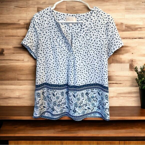 Womens Skies Are Blue Blue White Print Boho Flowy Lightweight Blouse Size XS - Picture 12 of 12